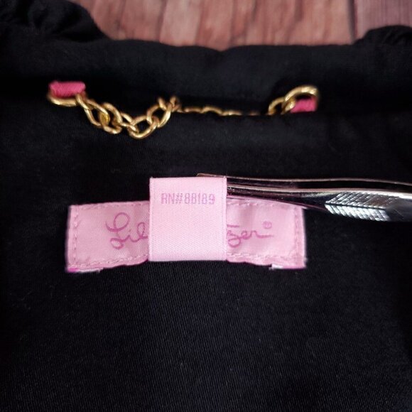 Lilly Pulitzer Size 4 Kelli Black Long Belted Trench Coat Jacket Ruffles Collar - Picture 11 of 16